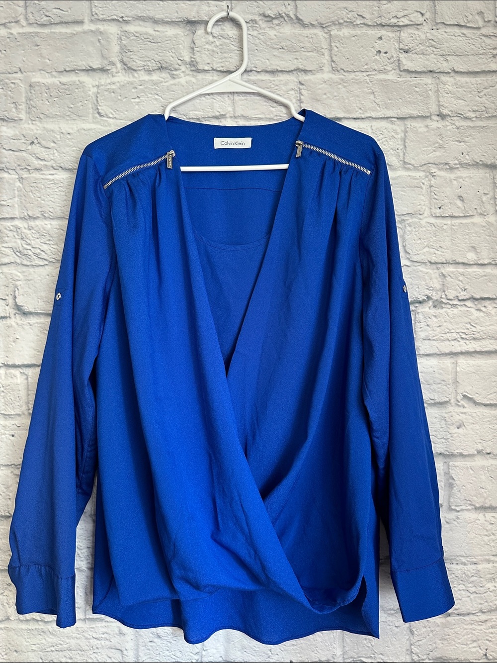 Calvin Klein Cobalt Blue Surplice Blouse with Zip Accents